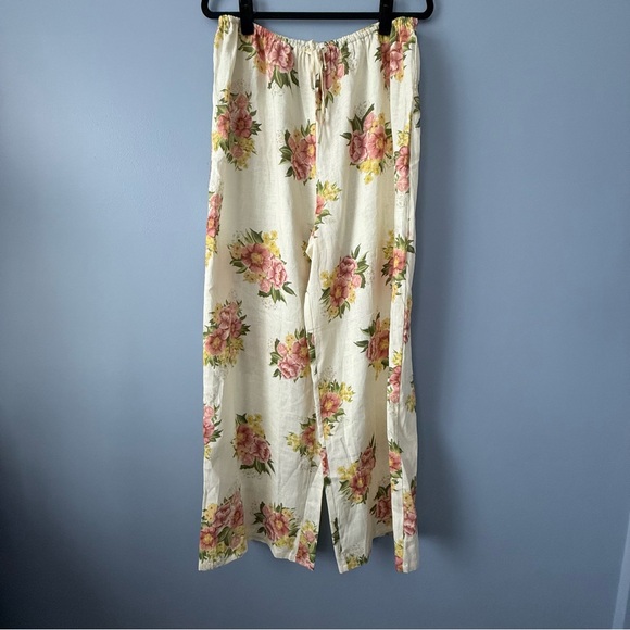 NWT VRG GRL 100% Linen Cream Floral Wide Leg Pant Drawstring Waist Women’s Sz 12 - Picture 1 of 9